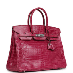 Pre-owned Hermes Birkin 35 Rose Scheherazade Shiny Porosus Crocodile Palladium Hardware
