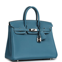 Pre-owned Hermes Birkin 25 Blue Jean Togo Palladium Hardware