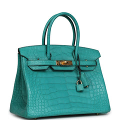 Pre-owned Hermes Birkin 30 Bleu Paon Matte Alligator Gold Hardware