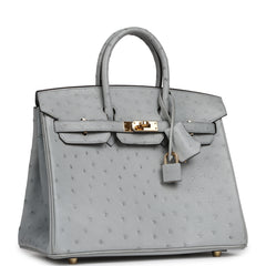 Pre-owned Hermes Birkin 25 Bleu Glacier Ostrich Gold Hardware