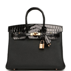 Hermes Birkin 25 Touch Black Togo, Shiny Niloticus Crocodile Touch Rose Gold Hardware