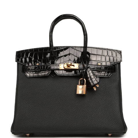 Hermes Birkin 25 Touch Black Togo, Shiny Niloticus Crocodile Touch Rose Gold Hardware