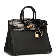 Hermes Birkin 25 Touch Black Togo, Shiny Niloticus Crocodile Touch Rose Gold Hardware