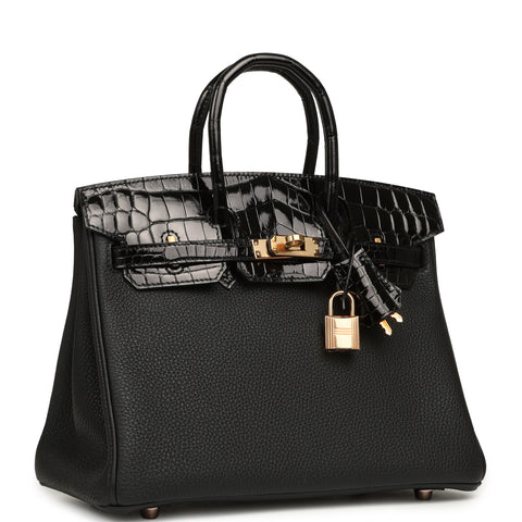 Hermes Birkin 25 Touch Black Togo, Shiny Niloticus Crocodile Touch Rose Gold Hardware