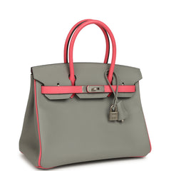 Hermes Special Order (HSS) Birkin 30 Gris Mouette, Rose Azalee Epsom Brushed Palladium Hardware