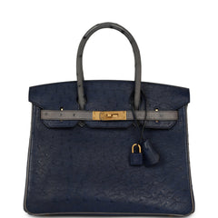 Hermes Special Order (HSS) Birkin 30 Bleu Iris, Gris Agate Ostrich Brushed Gold Hardware