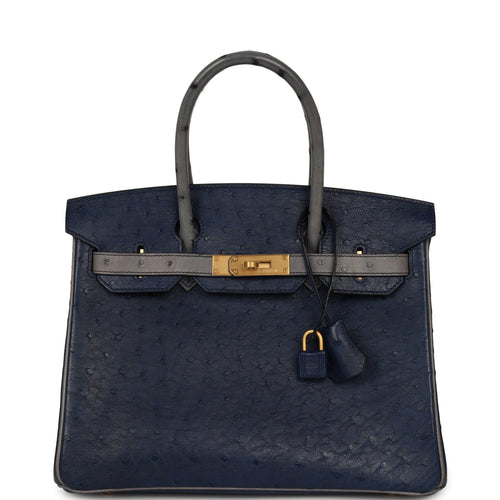 Hermes Special Order (HSS) Birkin 30 Bleu Iris, Gris Agate Ostrich Brushed Gold Hardware