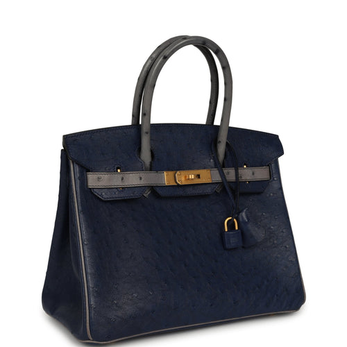 Hermes Special Order (HSS) Birkin 30 Bleu Iris, Gris Agate Ostrich Brushed Gold Hardware