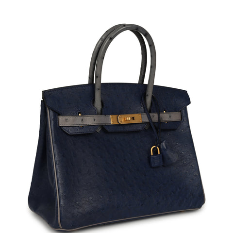 Hermes Special Order (HSS) Birkin 30 Bleu Iris, Gris Agate Ostrich Brushed Gold Hardware