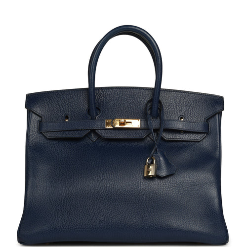 Vintage Hermes Birkin 35 Bleu Marine Ardennes Gold Hardware