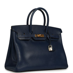 Vintage Hermes Birkin 35 Bleu Marine Ardennes Gold Hardware
