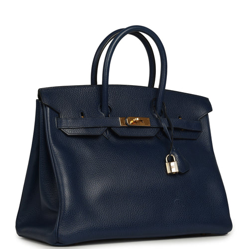 Vintage Hermes Birkin 35 Bleu Marine Ardennes Gold Hardware