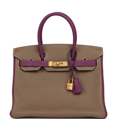 Hermes Special Order (HSS) Birkin 30 Etoupe, Anemone Togo Brushed Gold Hardware