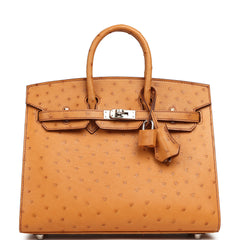 Hermes Birkin Sellier 25 Gold Ostrich Palladium Hardware