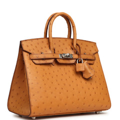 Hermes Birkin Sellier 25 Gold Ostrich Palladium Hardware