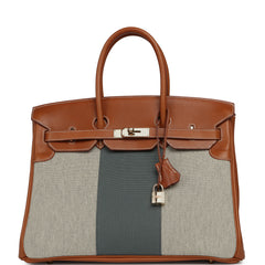 Pre-owned Hermes Birkin 35 Flag Fauve Barenia, Ecru-Black Toile, Bleu Orage Toile Canvas Permabrass Hardware