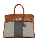 Pre-owned Hermes Birkin 35 Flag Fauve Barenia, Ecru-Black Toile, Bleu Orage Toile Canvas Permabrass Hardware - Thumbnail View 1
