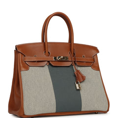 Pre-owned Hermes Birkin 35 Flag Fauve Barenia, Ecru-Black Toile, Bleu Orage Toile Canvas Permabrass Hardware