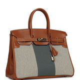Pre-owned Hermes Birkin 35 Flag Fauve Barenia, Ecru-Black Toile, Bleu Orage Toile Canvas Permabrass Hardware - Thumbnail View 2