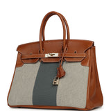 Pre-owned Hermes Birkin 35 Flag Fauve Barenia, Ecru-Black Toile, Bleu Orage Toile Canvas Permabrass Hardware - Thumbnail View 5