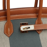 Pre-owned Hermes Birkin 35 Flag Fauve Barenia, Ecru-Black Toile, Bleu Orage Toile Canvas Permabrass Hardware - Thumbnail View 7