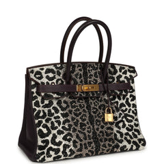 Custom Leopard Swarovski Crystal Hermes Birkin 30 Raisin Togo Gold Hardware