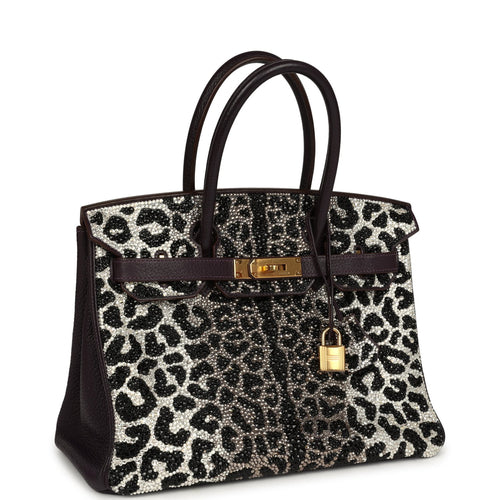 Custom Leopard Swarovski Crystal Hermes Birkin 30 Raisin Togo Gold Hardware