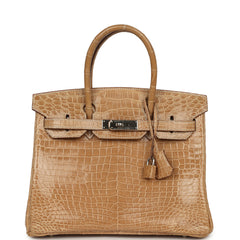 Vintage Hermes Birkin 30 Ficelle Shiny Porosus Crocodile Palladium Hardware