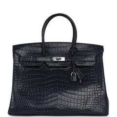 Pre-owned Hermes Birkin 35 Bleu Marine Matte Porosus Crocodile Palladium Hardware