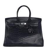 Pre-owned Hermes Birkin 35 Bleu Marine Matte Porosus Crocodile Palladium Hardware - Thumbnail View 1