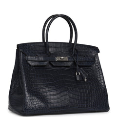 Pre-owned Hermes Birkin 35 Bleu Marine Matte Porosus Crocodile Palladium Hardware