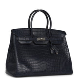 Pre-owned Hermes Birkin 35 Bleu Marine Matte Porosus Crocodile Palladium Hardware - Thumbnail View 2