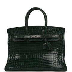 Pre-owned Hermes Birkin 35 Vert Fonce Shiny Porosus Crocodile Palladium Hardware