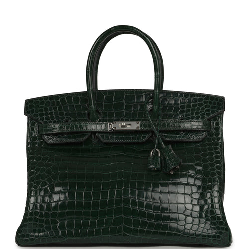 Pre-owned Hermes Birkin 35 Vert Fonce Shiny Porosus Crocodile Palladium Hardware