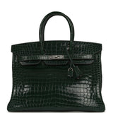 Pre-owned Hermes Birkin 35 Vert Fonce Shiny Porosus Crocodile Palladium Hardware - Thumbnail View 1