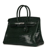 Pre-owned Hermes Birkin 35 Vert Fonce Shiny Porosus Crocodile Palladium Hardware - Thumbnail View 5