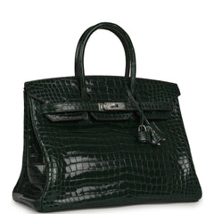 Pre-owned Hermes Birkin 35 Vert Fonce Shiny Porosus Crocodile Palladium Hardware