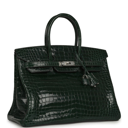 Pre-owned Hermes Birkin 35 Vert Fonce Shiny Porosus Crocodile Palladium Hardware