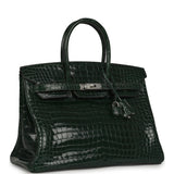 Pre-owned Hermes Birkin 35 Vert Fonce Shiny Porosus Crocodile Palladium Hardware - Thumbnail View 2