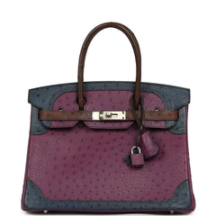 Hermes Birkin Ghillies 30 Violet, Bleu De Malte, Chocolat Ostrich Palladium Hardware