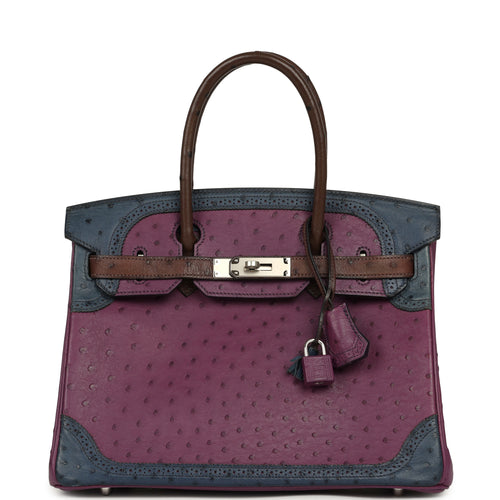Hermes Birkin Ghillies 30 Violet, Bleu De Malte, Chocolat Ostrich Palladium Hardware