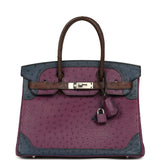 Hermes Birkin Ghillies 30 Violet, Bleu De Malte, Chocolat Ostrich Palladium Hardware - Thumbnail View 1