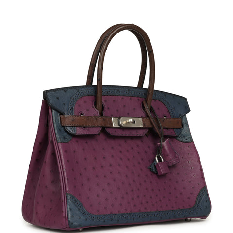 Hermes Birkin Ghillies 30 Violet, Bleu De Malte, Chocolat Ostrich Palladium Hardware
