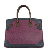 Hermes Birkin Ghillies 30 Violet, Bleu De Malte, Chocolat Ostrich Palladium Hardware - Thumbnail View 4