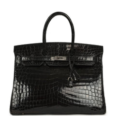 Vintage Hermes Birkin 35 Black Shiny Niloticus Crocodile Palladium Hardware