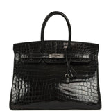 Vintage Hermes Birkin 35 Black Shiny Niloticus Crocodile Palladium Hardware - Thumbnail View 1