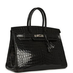 Vintage Hermes Birkin 35 Black Shiny Niloticus Crocodile Palladium Hardware