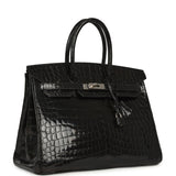 Vintage Hermes Birkin 35 Black Shiny Niloticus Crocodile Palladium Hardware - Thumbnail View 2