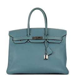 Pre-owned Hermes Birkin 35 Blue Jean Epsom Palladium Hardware