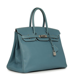 Pre-owned Hermes Birkin 35 Blue Jean Epsom Palladium Hardware